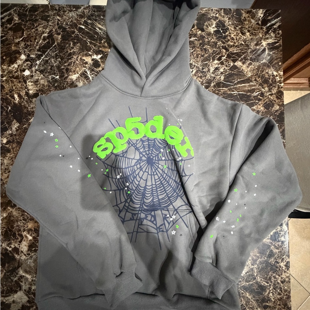 Sp5der Gray Hoodie with Neon Green Spiderweb Graphic